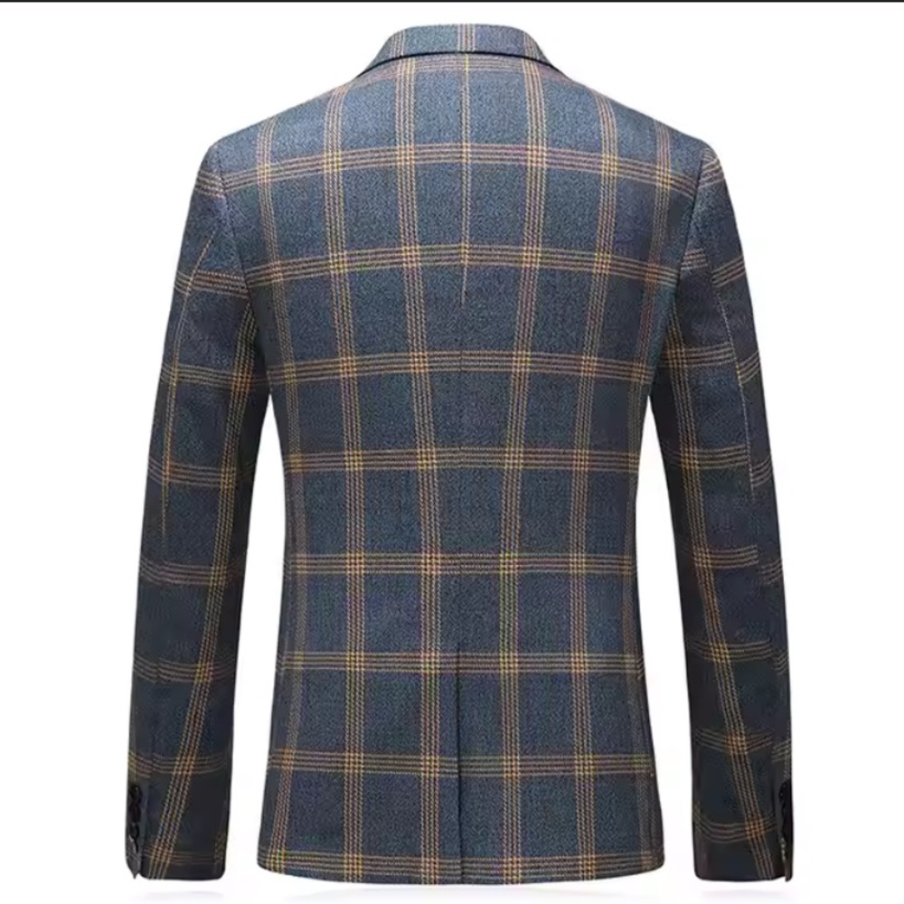 SHEIN Men's Check Plaid Single Button Blazer Navy Blue & Orange Size - L NWOT - Picture 2 of 9